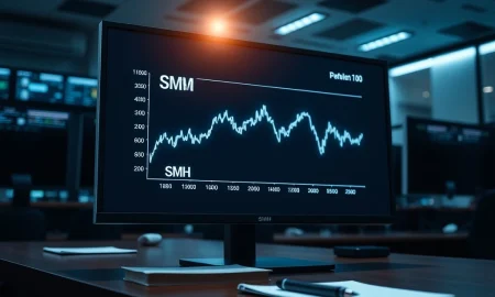 Data visualization showing the SMH ETF stock chart trending downward, representing the $482 million outflow news.