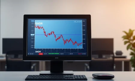 SNDR stock chart showing a critical moving average cross on a trading terminal screen.