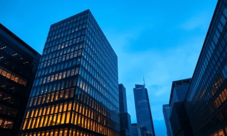 Financial district skyline representing SoftBank's major loan and OpenAI IPO speculation.