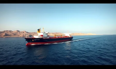 An oil tanker transits the narrow Strait of Hormuz, a key global shipping lane.