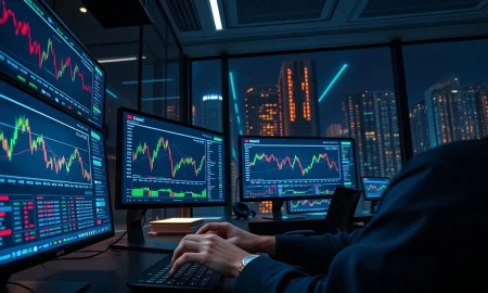 A trading desk in Seoul with monitors showing cryptocurrency market data and charts.
