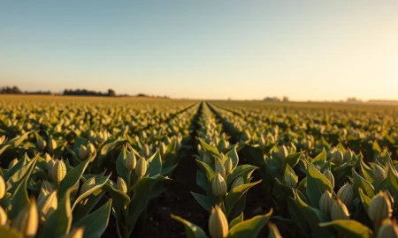 A soybean field under a clear sky, representing the agricultural commodity market.