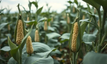 Soybean pods in a field as futures prices decline on March 22, 2026.