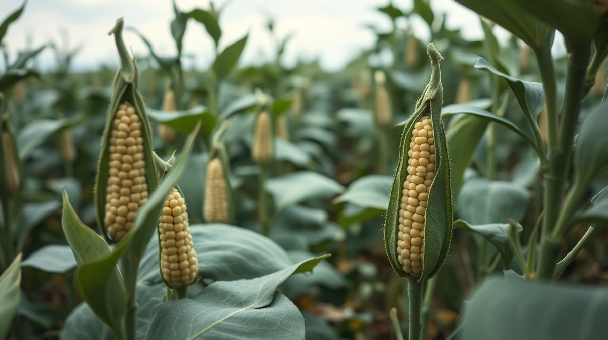 Soybean pods in a field as futures prices decline on March 22, 2026.