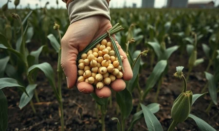 Soybean pods in field representing Monday's market pressure and price decline.