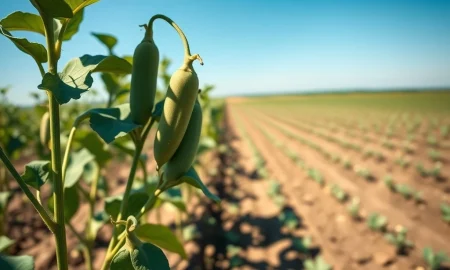 Soybean pods in a field representing market pressure and agricultural commodity trading analysis.