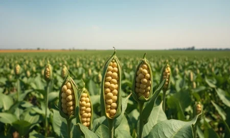Soybean plants in a field representing commodity market pressure on Monday, March 10, 2026.