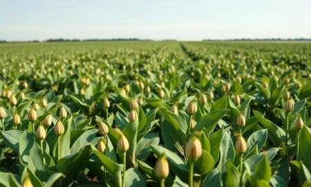 Soybean plants in a field representing commodity market pressure and agricultural harvest.