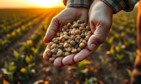 Soybeans double digit gains news with image of ripe soybean pods in a field.