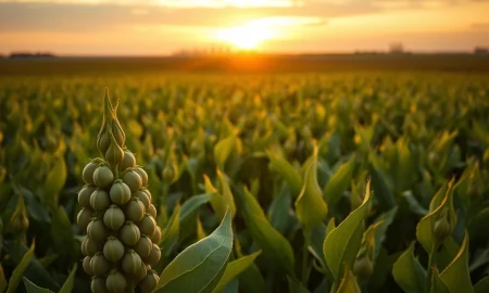 Soybean plants in a field representing the agricultural commodity market following USDA's March 2026 WASDE report.