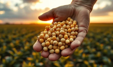 Soybeans pop higher as a farmer holds ripe soybeans from a US field, representing the March 2026 USDA report.