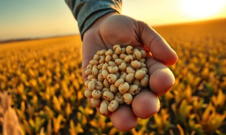 Soybeans under pressure as a farmer holds ripe beans against a field backdrop, representing commodity market volatility.