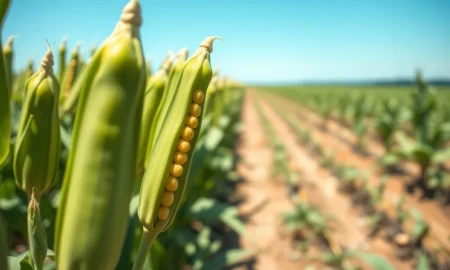 Soybean plants in a field representing market pressure and price decline on Monday.
