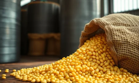 Soybeans spilling from a sack, representing the commodity rally and agricultural market analysis for March 2026.