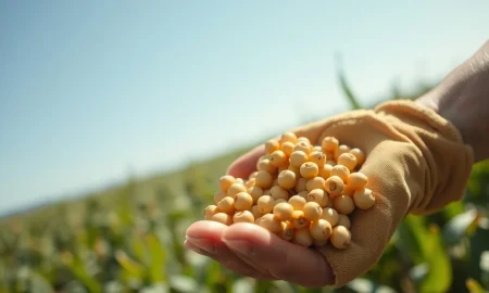 Soybeans rally continues as a farmer holds ripe soybeans, representing strong agricultural commodity prices.