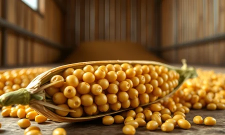 Close-up of soybeans representing the commodity's significant price rally in March 2026 futures markets.
