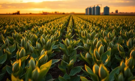 Soybean plants in field during market rally with strong export data supporting prices