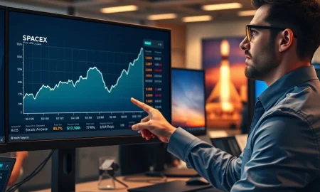 Financial analyst reviews SpaceX pre-IPO investment data and rocket launch feed on a trading desk monitor.