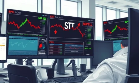 Financial analyst monitors SPDR Portfolio Long Term Treasury ETF (SPTL) data showing significant outflows on trading desk screens