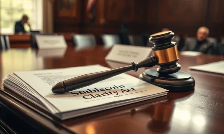 Gavel on legal documents about the stalled Stablecoin Clarity Act in Congress.