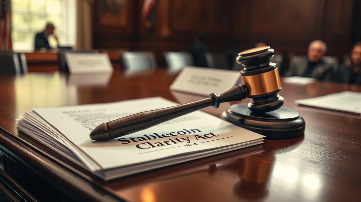 Gavel on legal documents about the stalled Stablecoin Clarity Act in Congress.