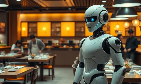 A humanoid robot in a restaurant setting with staff nearby.