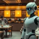 A humanoid robot in a restaurant setting with staff nearby.