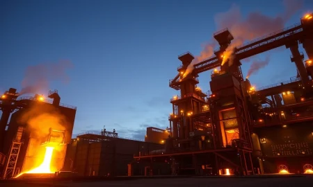 Steel mill operations with molten metal, representing Steel Dynamics' strong earnings forecast.