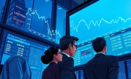 Financial analysts monitor stock market and Treasury yield data on trading floor displays as markets react.