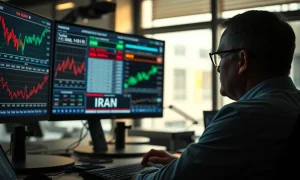 Trader monitors falling stock market charts amid news of Iran conflict.