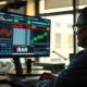 Trader monitors falling stock market charts amid news of Iran conflict.