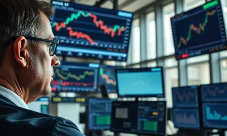 Trader monitors falling stock and rising oil price charts on screens.