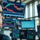 Trader monitors falling stock and rising oil price charts on screens.