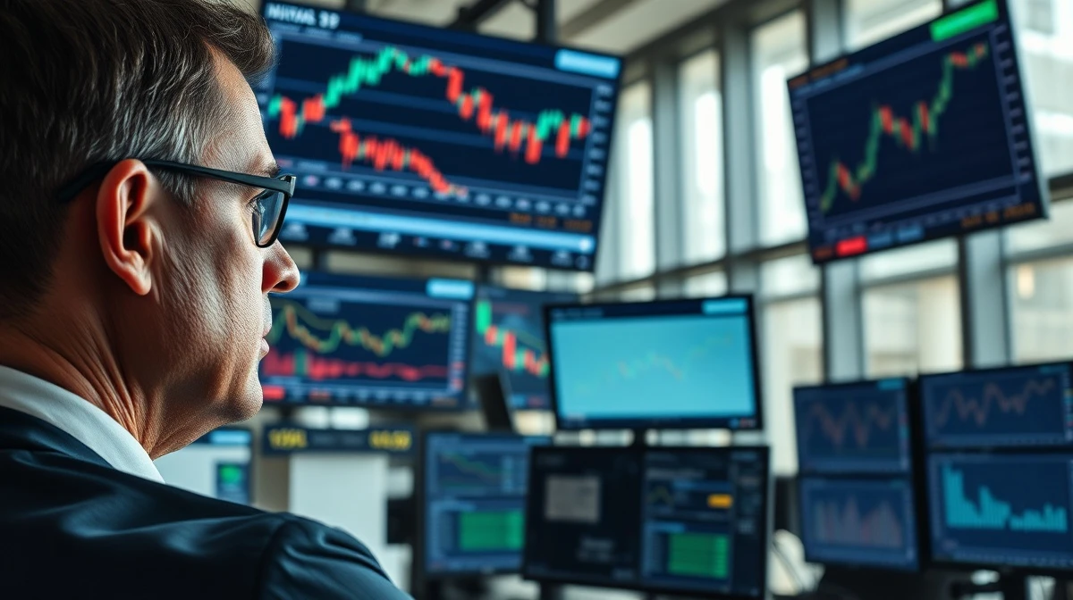 Trader monitors falling stock and rising oil price charts on screens.