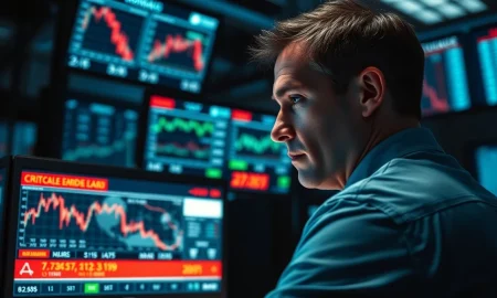 Trader monitors falling stock market charts amid Iran conflict news.