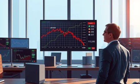 Trading floor monitors showing declining stock charts and rising Treasury yields during March 2026 market session