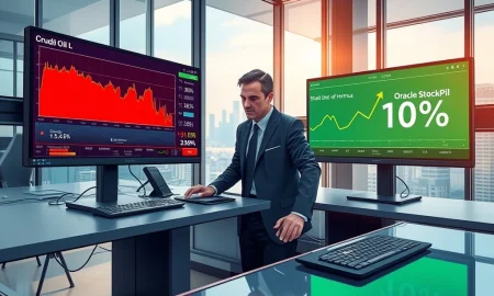 March 2026 trading floor scene showing conflicting market data: oil price surge versus Oracle StockPil gains