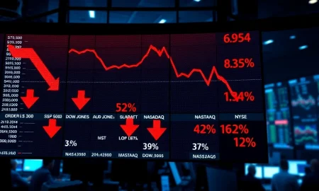 Stock market decline showing falling indexes amid inflation concerns and weak US job data