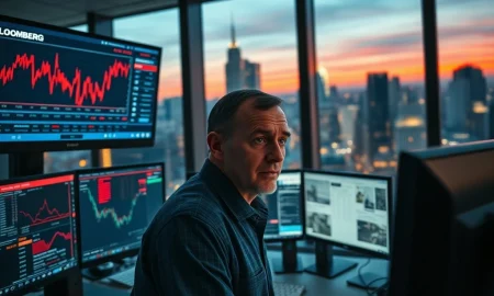 Trader monitors falling stock market prices as Middle East conflict disrupts oil supply and fuels inflation fears in March 2026.