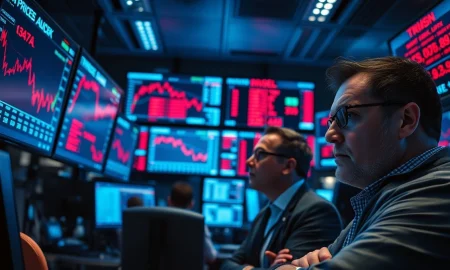 Traders monitor sharp stock market decline amid Iran conflict news.