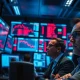 Traders monitor sharp stock market decline amid Iran conflict news.