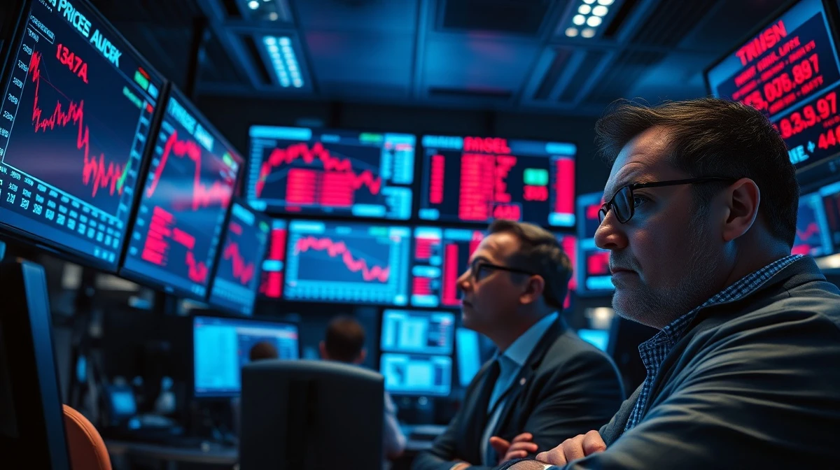 Traders monitor sharp stock market decline amid Iran conflict news.