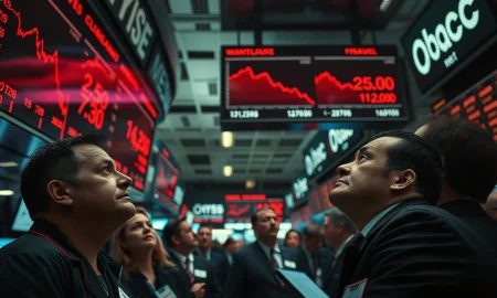 Stock market trading floor showing major indices plunging on fears of US-Iran war escalation.