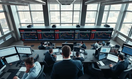 Trading floor monitors showing stock market gains and falling oil prices on March 16, 2026.