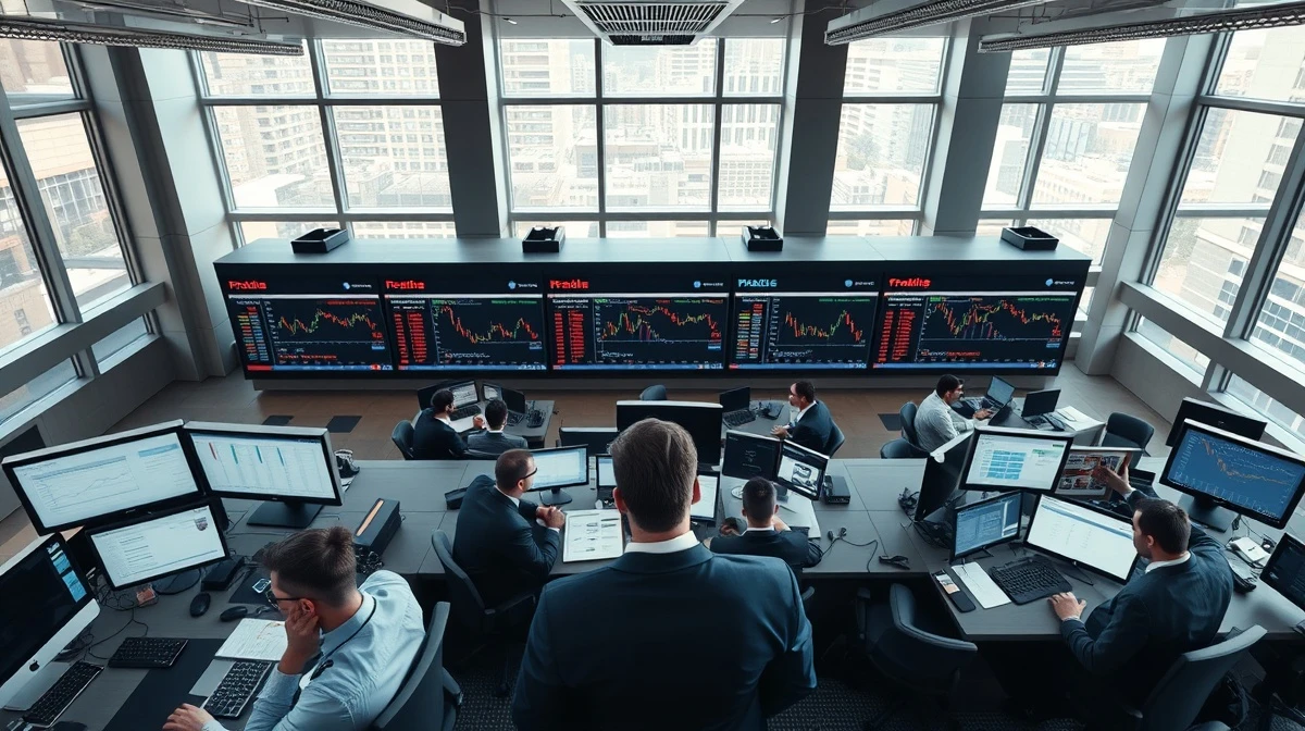 Trading floor monitors showing stock market gains and falling oil prices on March 16, 2026.