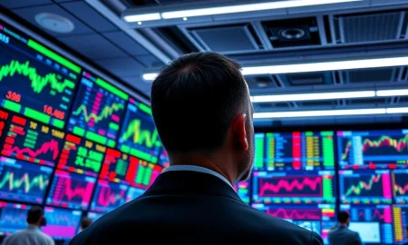 Stock market monitors showing rising indices after US-Iran diplomacy news.