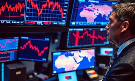 Trader analyzes falling stock market charts amid Middle East conflict news, representing the March 2026 market retreat.