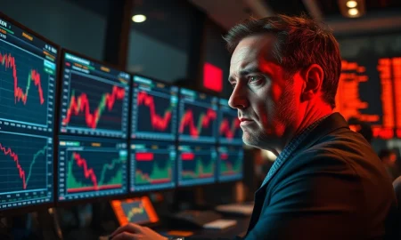Trader monitors falling stock market charts amid inflation and bond yield concerns.