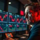 Trader monitors falling stock market charts amid inflation and bond yield concerns.