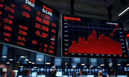 Breaking news analysis of March 2026 stock market decline and Treasury yield surge on trading floor screens.